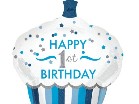 1st Birthday Cupcake Boy Holographic SuperShape Balloon Online